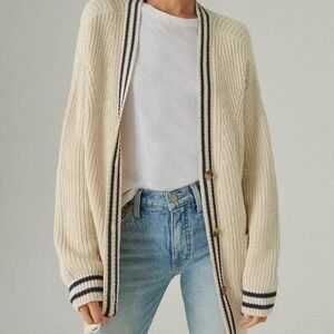 LUCKY BRAND Cardigan Sweater Women's XL Stripe Oversized Varsity Collegiate Knit